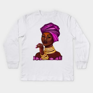 side eye Queen  Black is beautiful black girl with Gold bangles, neck ring necklace, purple dress and head wrap, brown eyes and dark brown skin ! Kids Long Sleeve T-Shirt